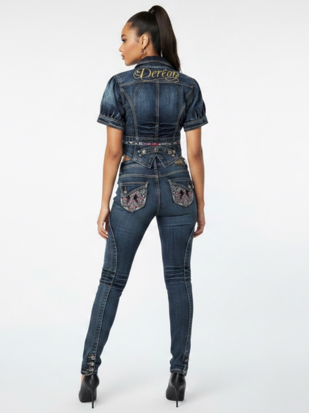 NEW Dereon Beyonce 00's Y2K 2 piece denim suit Jeans Jacket set outfit M 4